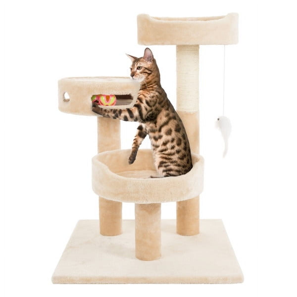3-Tier Beige and Brown Sisal Cat Tree with Toys