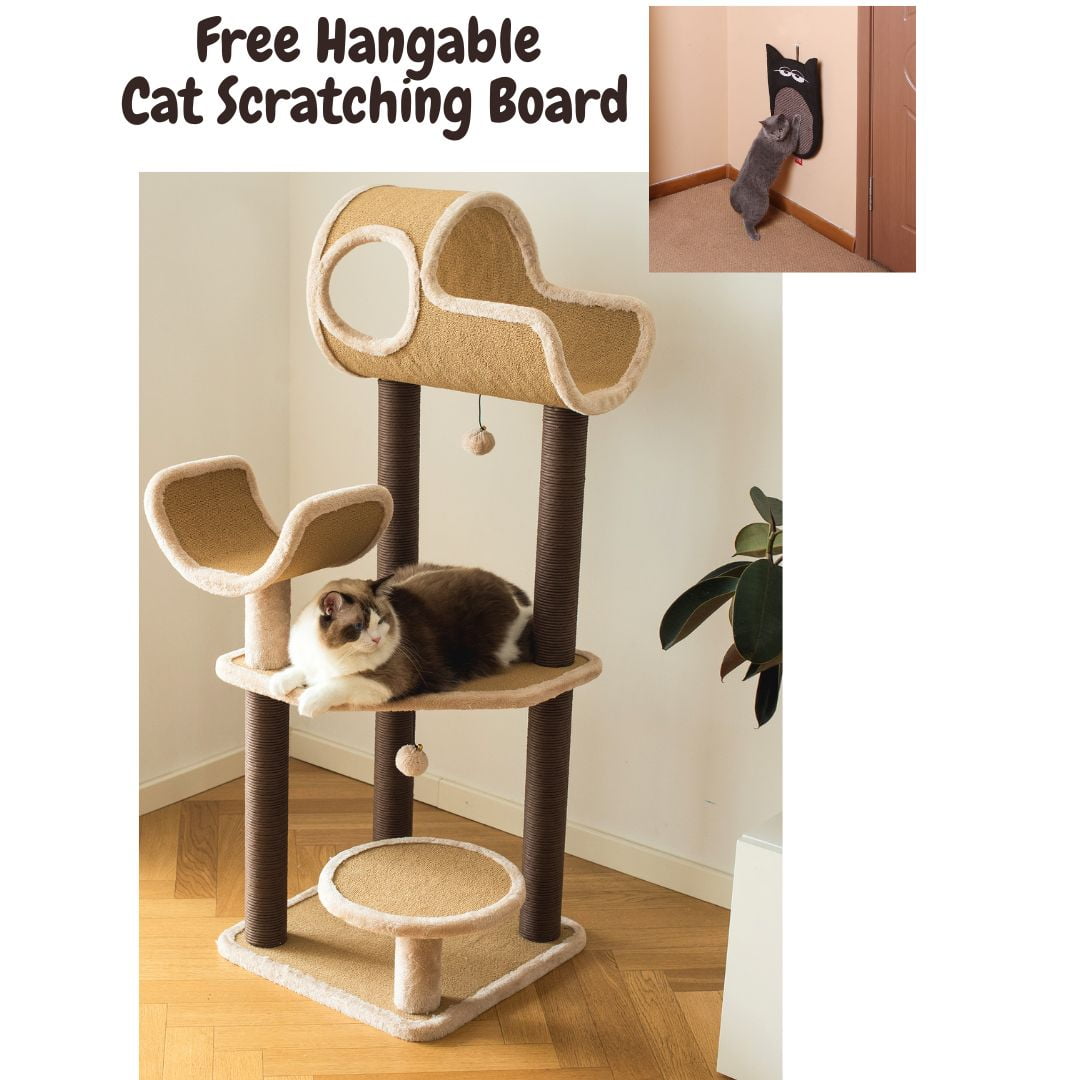 PetPals 42" 3Level Gray Cat Condo Wooden Medium Cat Tree with Grooming Brush Scratching Post