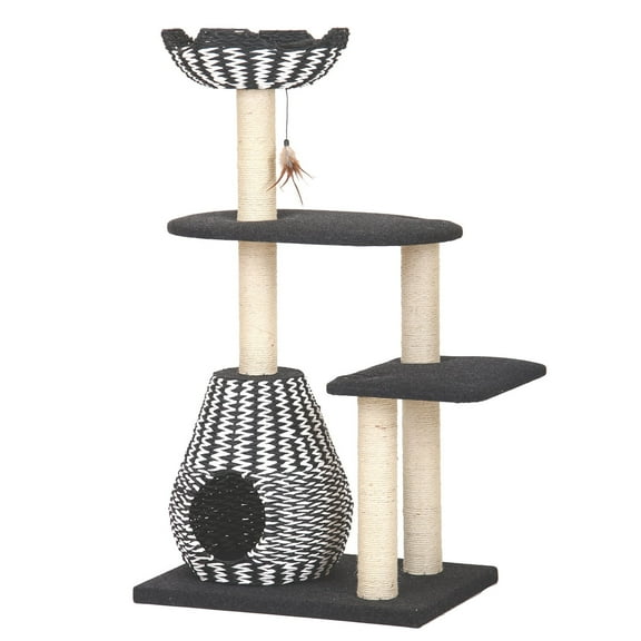 PetPals 49"H 4-Lvl Cat Tree with Handwoven Condo and Nest Bed, Sisal Scratching Posts, Black/white
