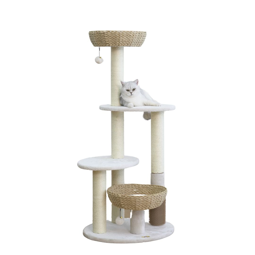 Eco-Friendly 49" Ivory Sisal Cat Tree with Handwoven Baskets