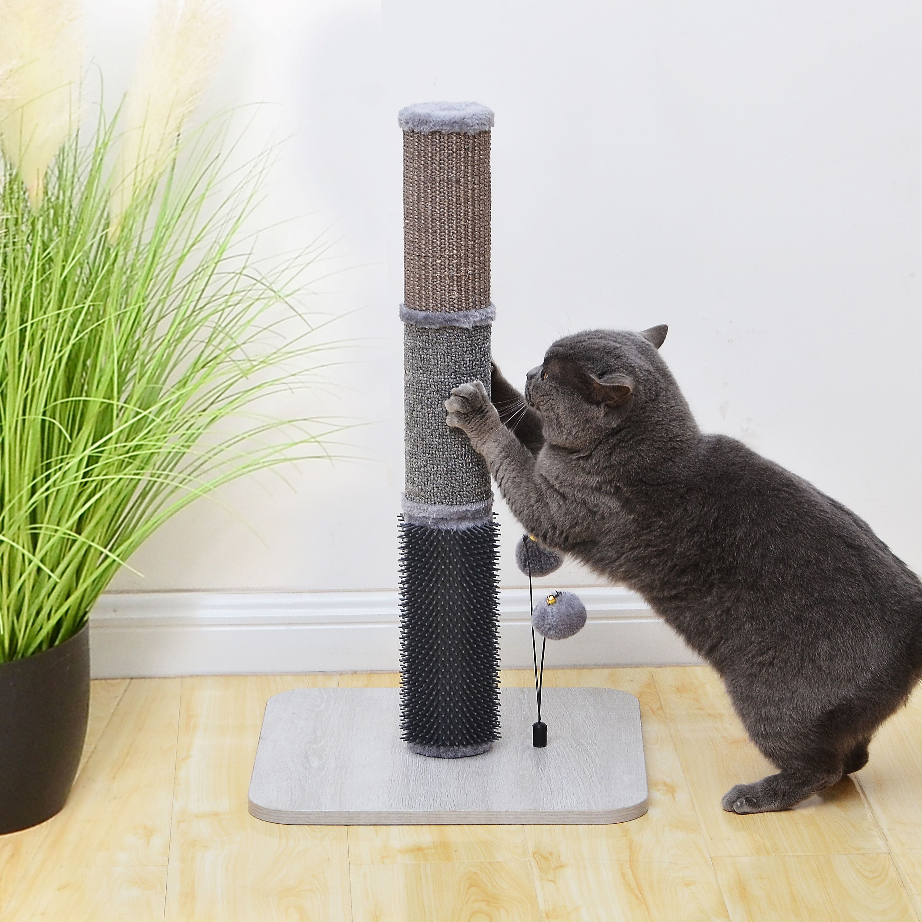 PetPals 25"H Scratching Post with Sisal Carpet and Groomer, Laminated Wood Base, 2 Teaser Toys, Grey