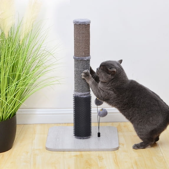 PetPals 25"H Scratching Post with Sisal Carpet and Groomer, Laminated Wood Base, 2 Teaser Toys, Grey