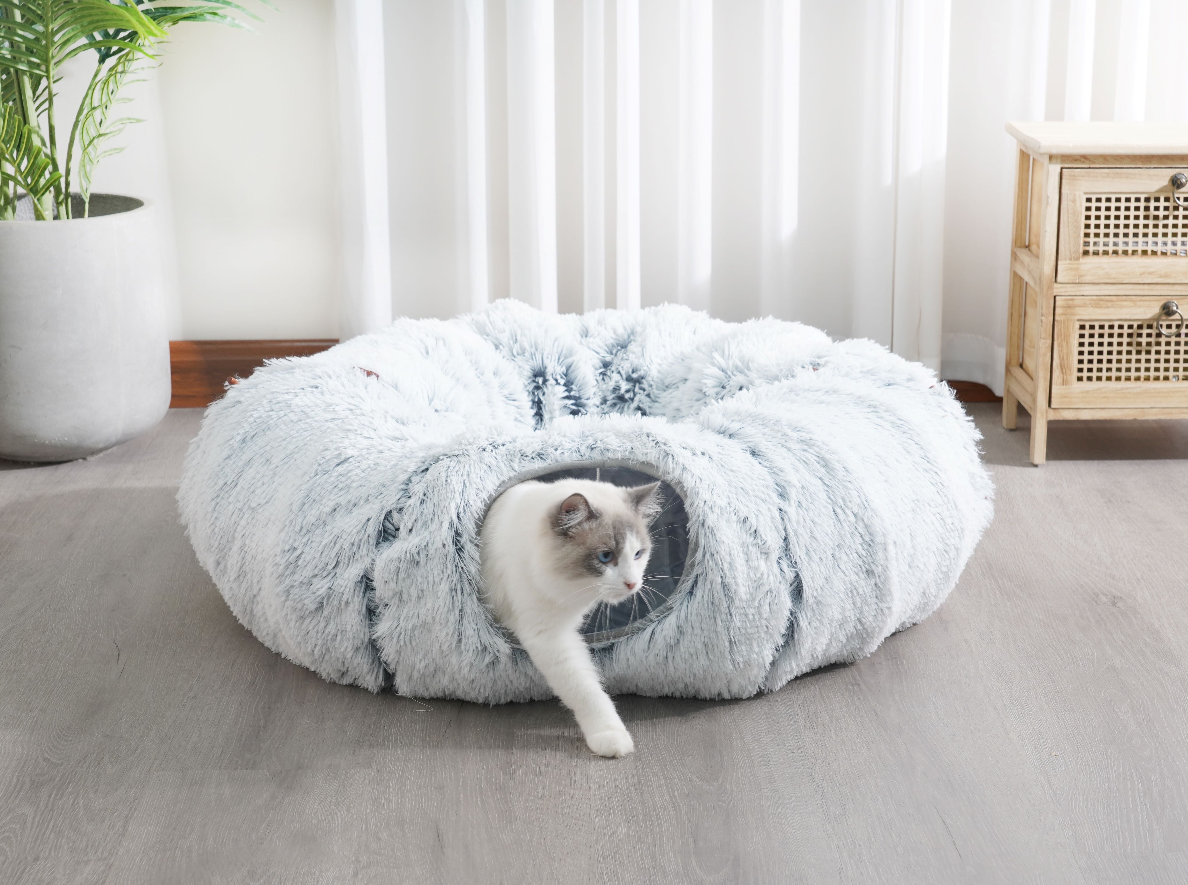 Ultra Soft Gray Faux Fur Customizable Cat Tunnel with Bed
