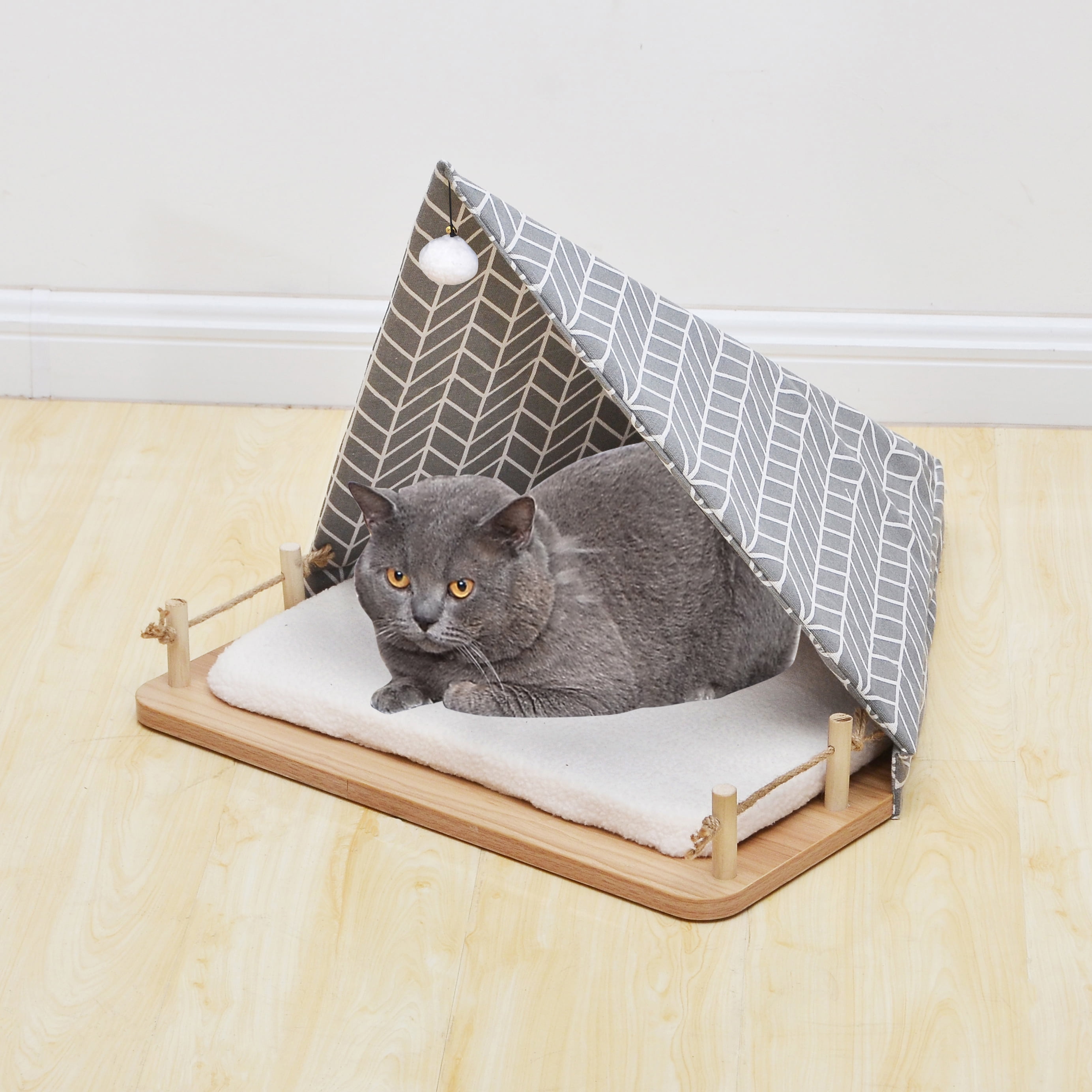 Medium Gray Canvas and Laminate Wood Tent Pet Bed