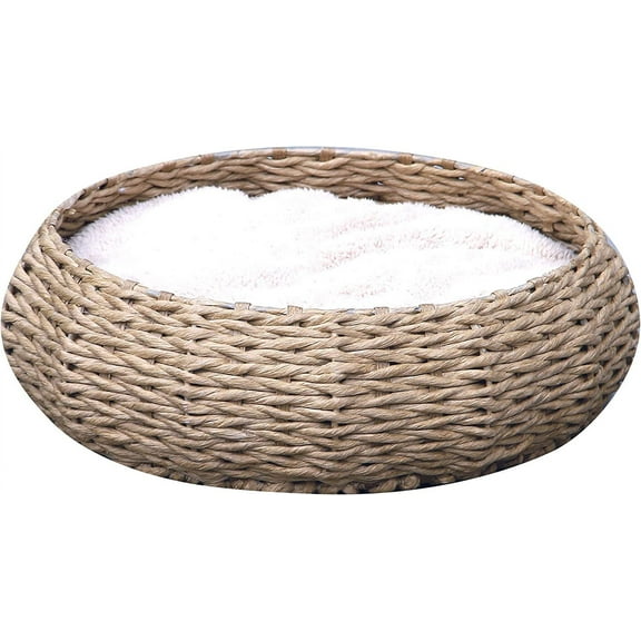 PetPals Hand Made Paper Rope Round Bed for Cat/Dog/Pet Sleep with Pillow, Natural (Round)