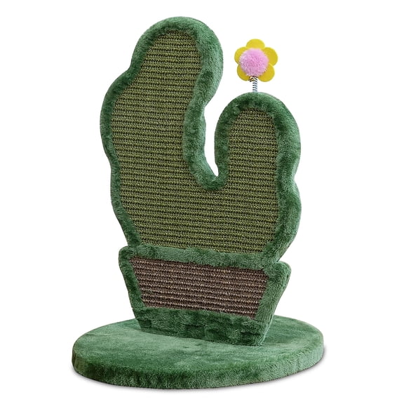 PetPals Natural Sisal Cactus Cat Scratcher Potted Cactus Sisal Scratcher with Grooming Brush, Flower Toy, 18" High