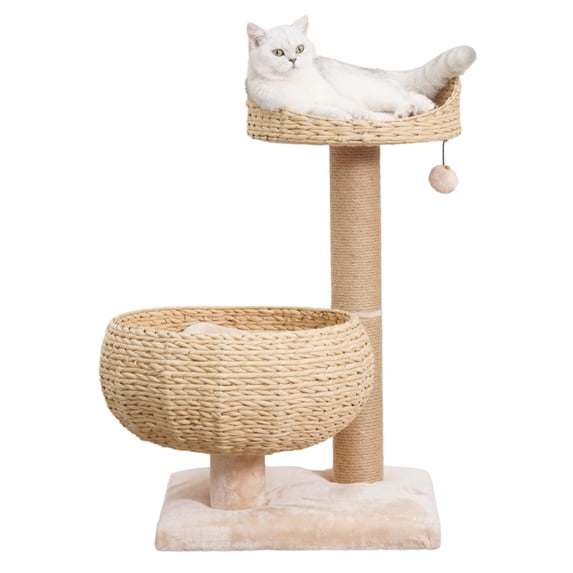 PetPals 29"H 2-Lvl Cat Tree with Handwoven Basket Beds, Sisal Scratching Post, Washable Cushion