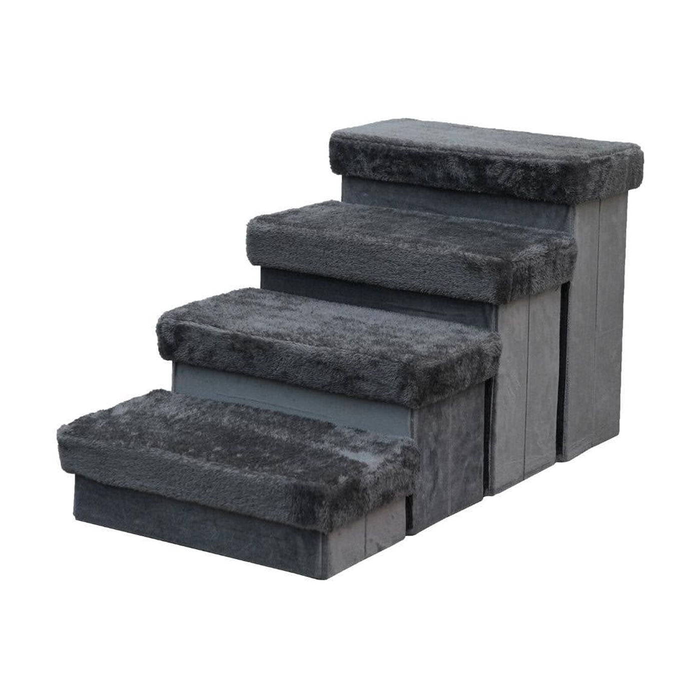 Charcoal Plush 4-Level Pet Stairs with Storage