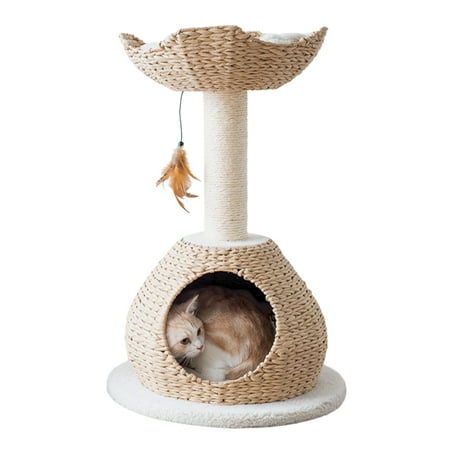 PetPals 28"High 2-Lvl Handwoven Cat Nest Bed with Large Base Condo and Sisal Scratching Post, Beige