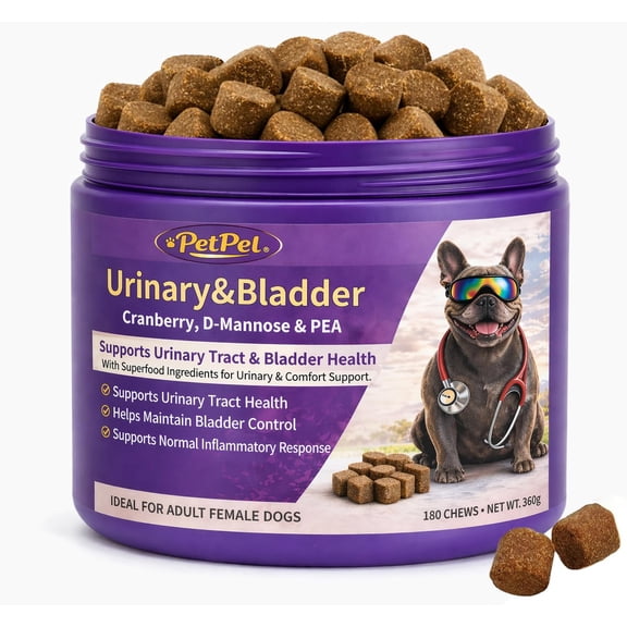 PetPel Urinary & Bladder Support Chews for Dogs - Cranberry, D-Mannose & Pea Supplement, Supports Urinary Tract Health, Normal Inflammatory Response,Senior Dogs, Digestive Wellness,180+ Chews