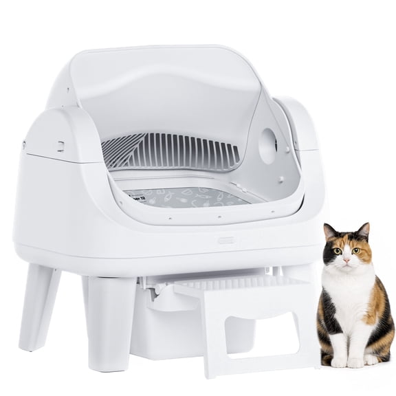 AS12 Self-Cleaning Automatic Cat Litter Box for Multiple Cats, Safety Protection, Liners & Front Step, White