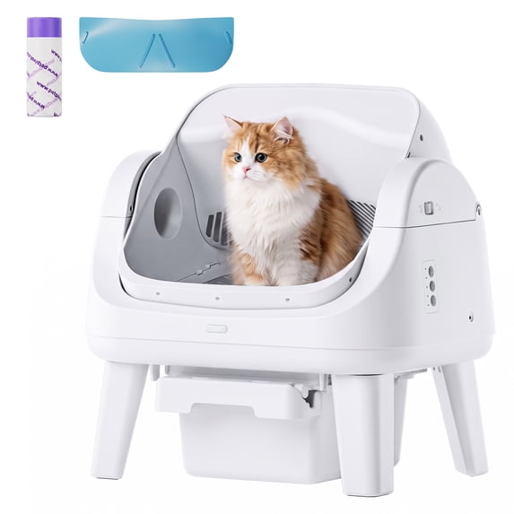 Self Cleaning Cat Litter Box, Automatic Litter Box with Open Top, Safety Sensors, Anti-Pinch Protection, White