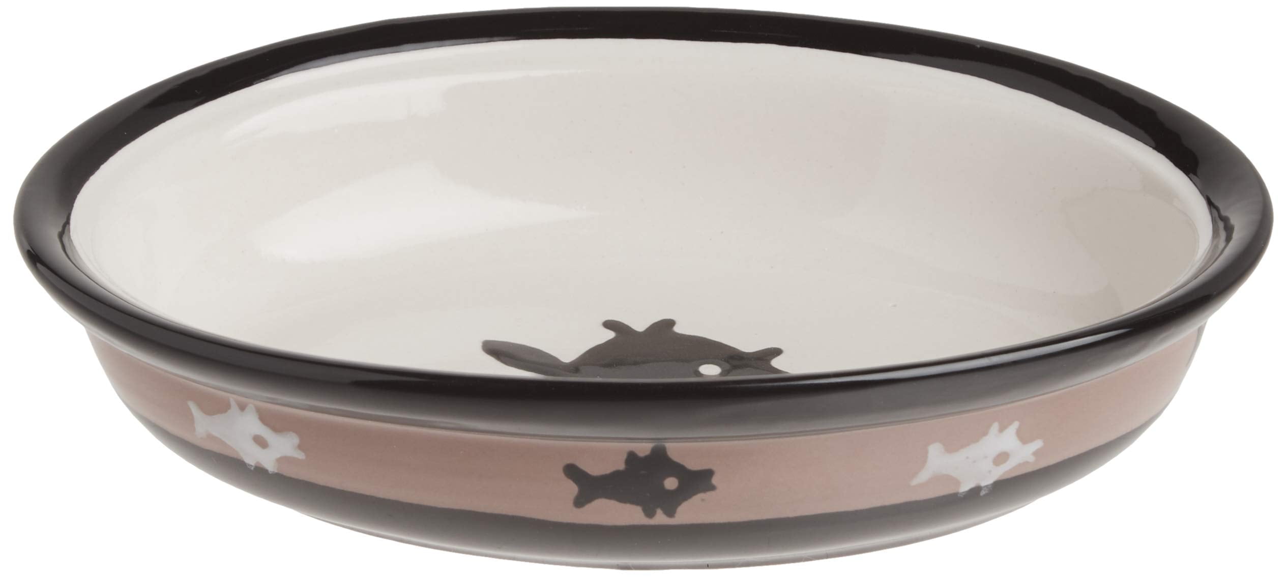 Oval Black and Brown Stoneware Cat Bowl with Fish Design