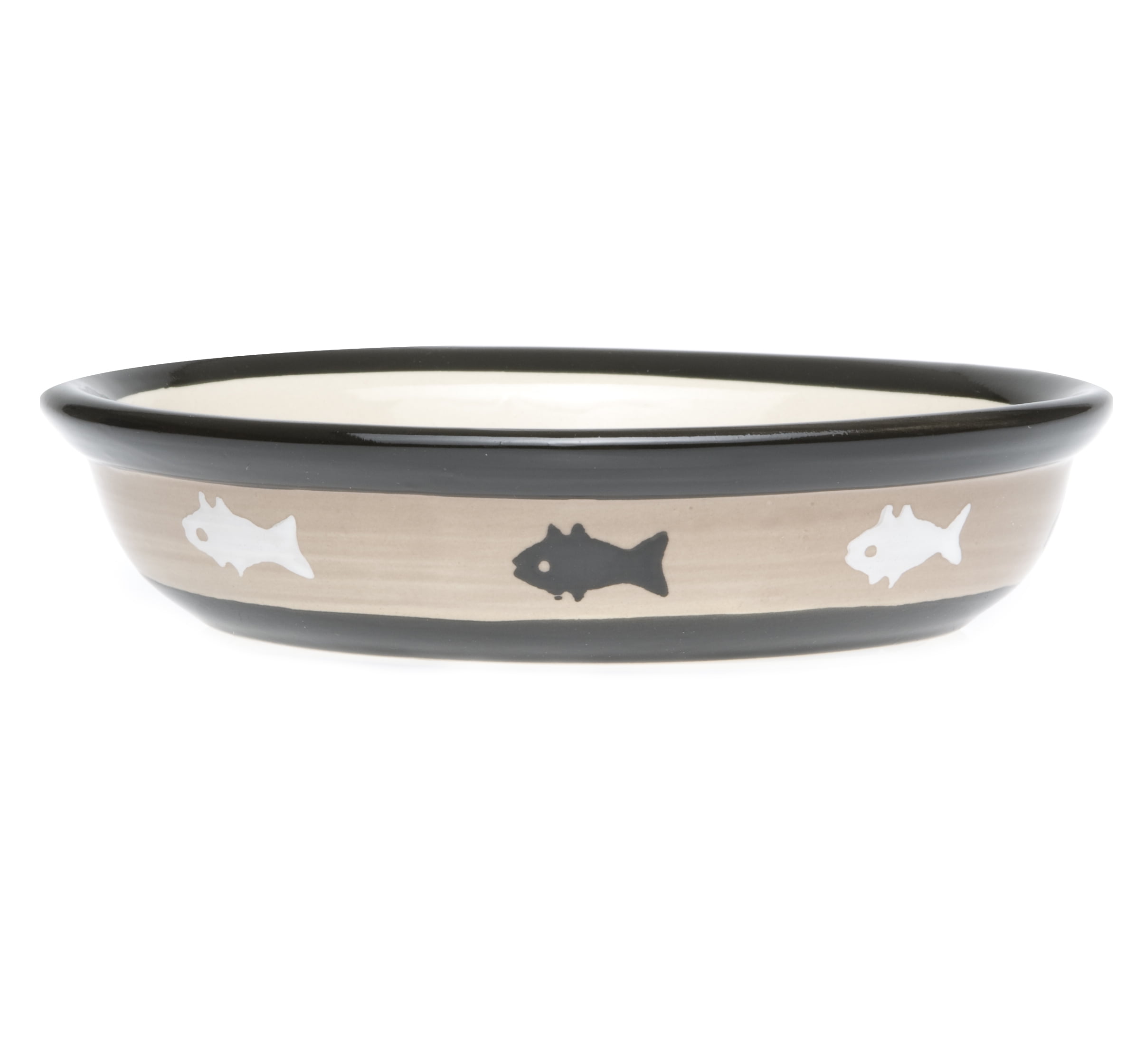 Oval Black and Brown Stoneware Cat Bowl with Fish Design