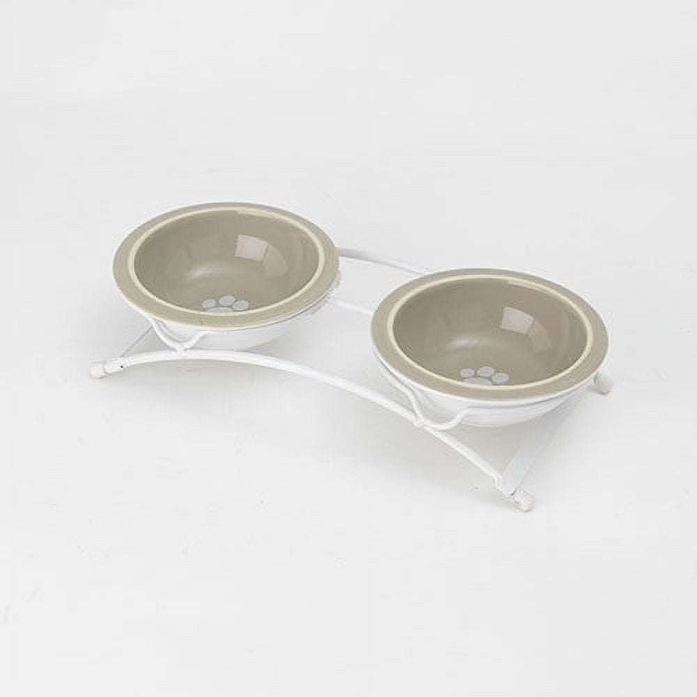 Taupe and White Elevated Stoneware Pet Bowls with Metal Stand