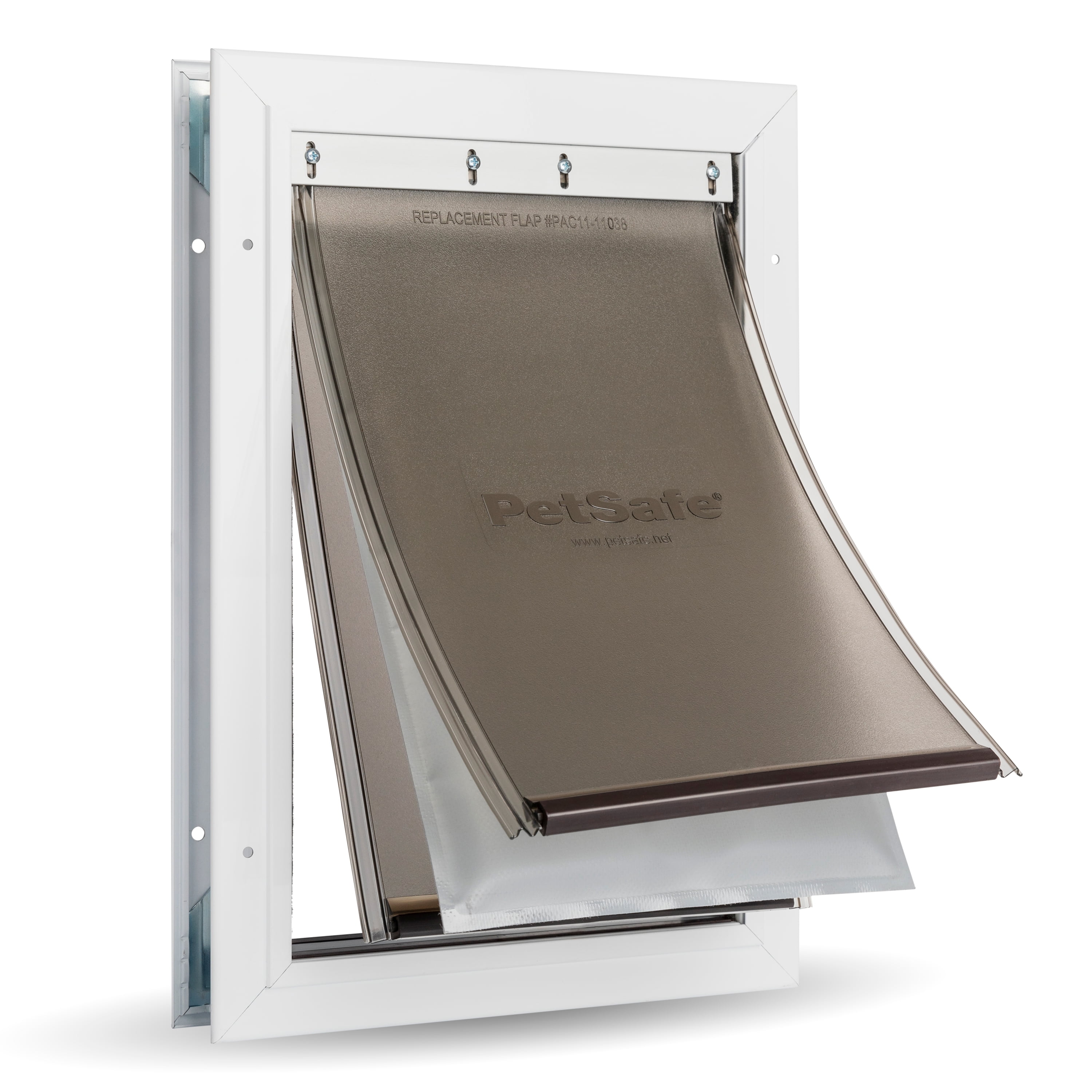 Medium White and Brown Aluminum Pet Door with Insulation Flaps