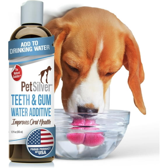 PetSilver Teeth & Gum Water Additive for Dogs & Cats, Eliminate Bad Breath, Natural Pet Dental Care Solution, Targets Tartar & Plaque, Without Brushing, Just Add to Water, Chelated Silver, 12 oz.