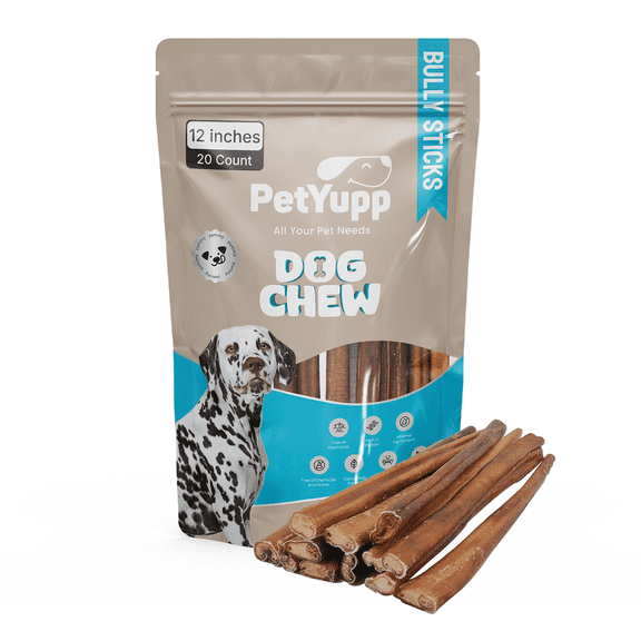 PetYupp Bully Sticks Dog Chews | Natural and Single Ingredient Beef Pizzle Dog Treats for Aggressive Chewers, Puppies High Protein & Rawhide Free Treats for Dogs (12 Inch - Pack of 20)