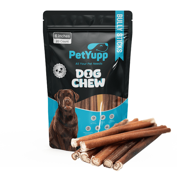 PetYupp Bully Sticks Dog Chews | Natural and Single Ingredient Beef Pizzle Dog Treats for Aggressive Chewers, Puppies High Protein & Rawhide Free Treats for Dogs (6 Inch - Pack of 20)