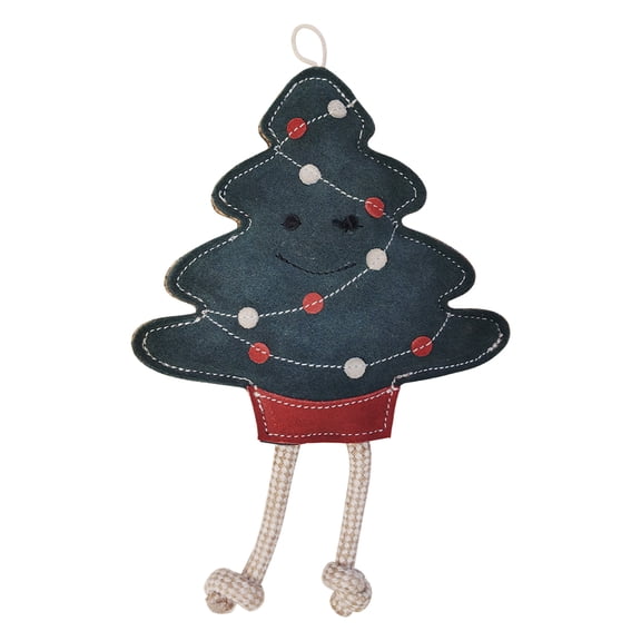 PetYupp Christmas Dog Toy for Small Dogs and Puppies, Real Leather Tug with Cotton Rope Legs, No Squeaker, Stocking Stuffer, Chewmas Tree