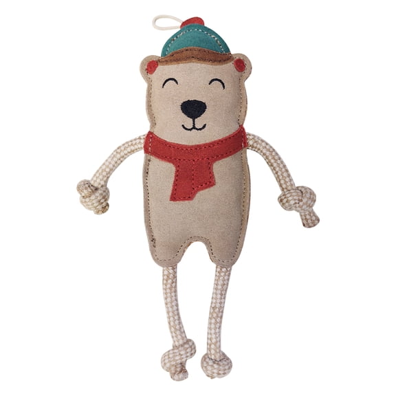 PetYupp Christmas Dog Toy for Small Dogs and Puppies, Real Leather Tug with Cotton Rope Arms, No Squeaker, Stocking Stuffer, Chilly Bear