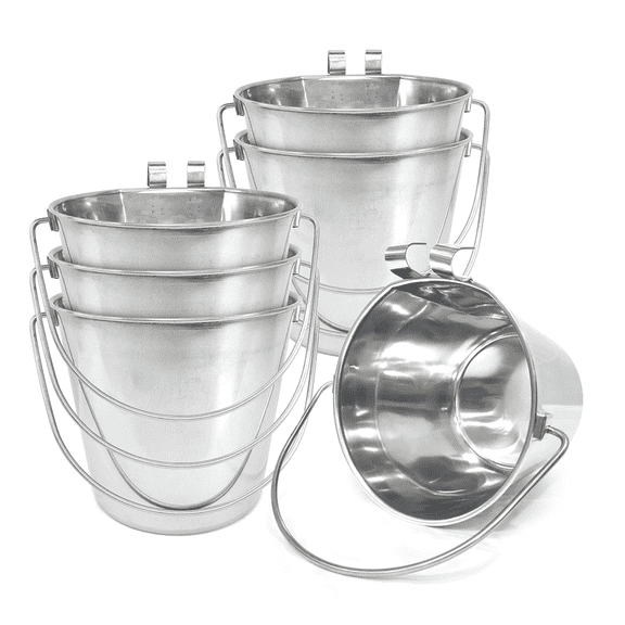 PetYupp Heavy Duty Stainless Steel Flat Side Bucket with Dual Hooks – 6 Quart, 6 Count