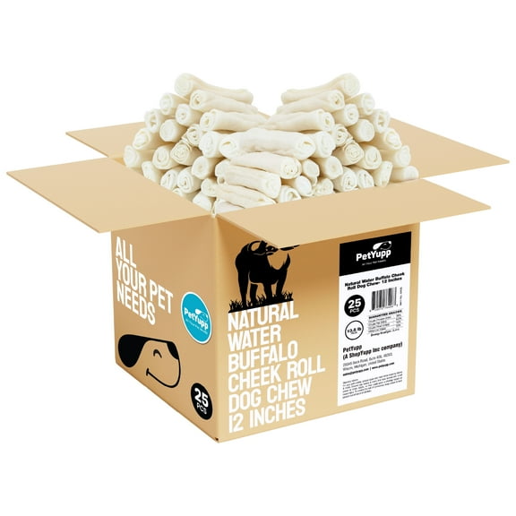 PetYupp Water Buffalo Cheek Roll Retriever Style for Dogs - Pack of 25, 12 Inch Each