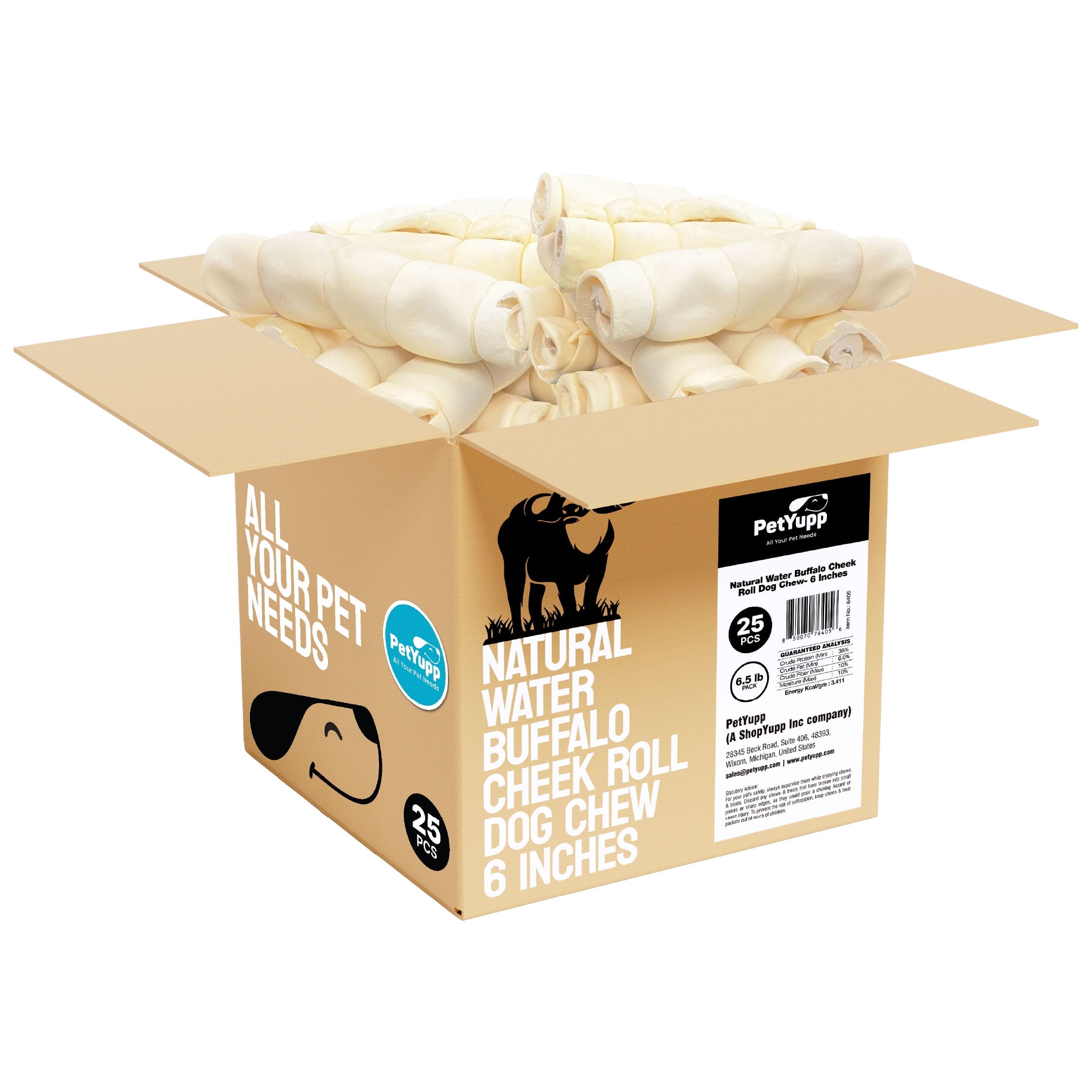PetYupp Water Buffalo Cheek Roll Retriever Style for Dogs - Pack of 25 Pieces, 6 Inch Each