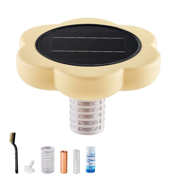 Solar Pool Ionizer for Pools Up to 45000 Gallons, Floating Automatic Copper Water Cleaner and Purifier with Solar Power, Chlorine-Free Operation, Includes Copper Anode, Brush, Spring, and Filter