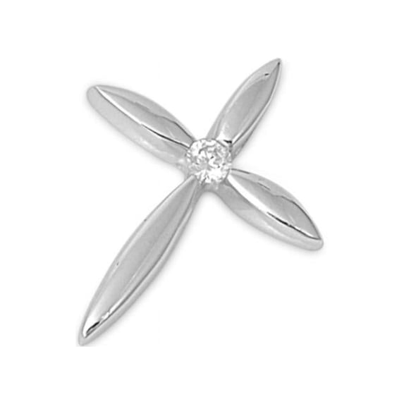 Petal Cross With CZ Stone 925 Sterling Silver Necklace, With FREE Gift Box