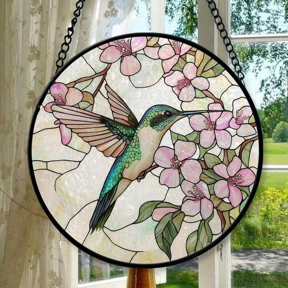Petal Dance Hummingbird Stained Glass Sun Catcher, Wall Hanging Colored Decor Room Indoor Window Decor, Halloween, Christmas Hanging Ornament Mother Day, Stained Glass Ornament