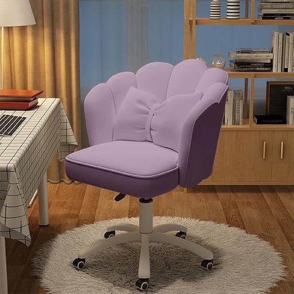 Petal Desk Chair with Bow Cushion Velvet Vanity Chair with Wheels, Upholstered Home Office Chair for Girls Women, Mid-Back Swivel Computer Task Chairs for Living Room Bedroom