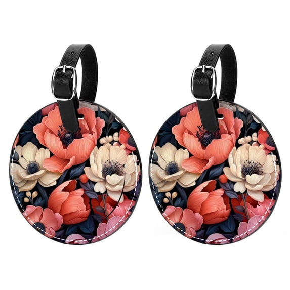 Petal Flower 2pcs PU Leather Round Bag Tags Suitcase Handbag Tags with Privacy Cover and Name ID Tag for Travel Luggage, Handbags, Backpacks, School Bags