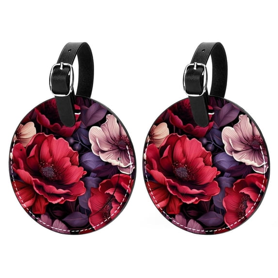 Petal Flower 2pcs PU Leather Round Bag Tags Suitcase Handbag Tags with Privacy Cover and Name ID Tag for Travel Luggage, Handbags, Backpacks, School Bags