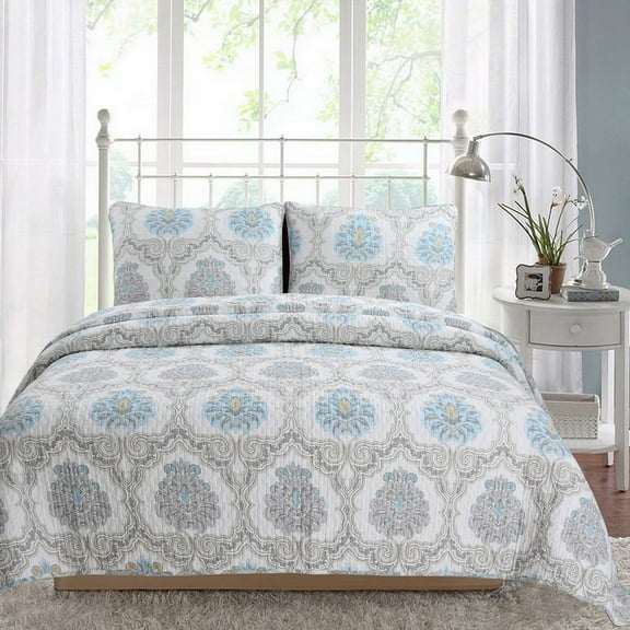 Petal Fountain 100% Hypoallergenic cotton 3 piece Floral Quilt Set Bedroom Quilt Bedding Full/Queen Size Aqua Grey