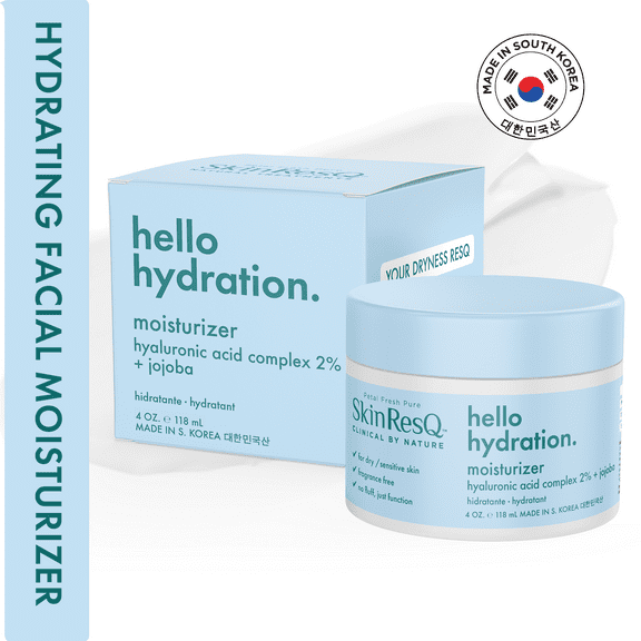 Skin ResQ by Petal Fresh Hello Hydration Moisturizer with Hyaluronic Acid Complex 2% + Jojoba, Hydrating Face Cream for Dry & Sensitive Skin, Fragrance Free, 4 oz