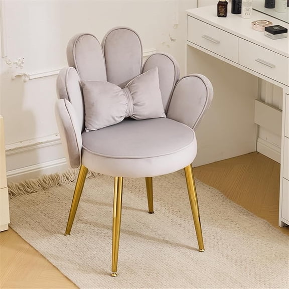 Petal Makeup Vanity Chair with Back,Flower Cute Girls Desk Chair Comfy No Wheels,Modern Dining Chair,Small Accent Chair with Adustable Gold Legs&Bow Pillow for Home Office,Bedroom,Velvet,Pink