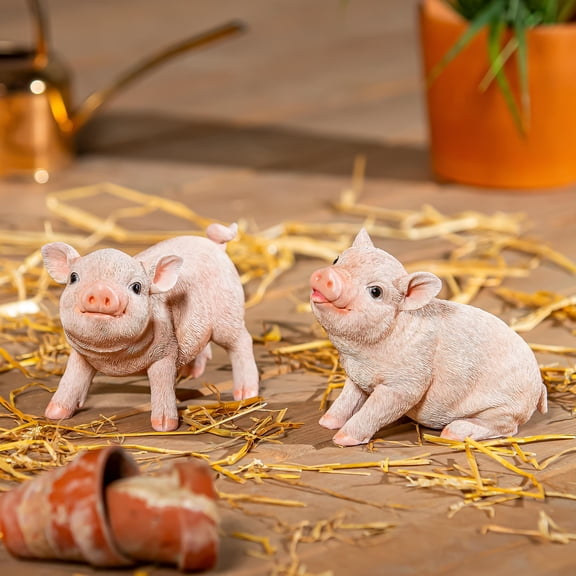 Petal & Plow Garden Statue, Resin Happy Pig Statue, 5"H
