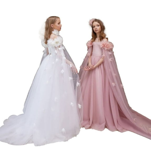 Petal Princesses Teen Girls Long Evening Party Dress Kids 2pcs Flower Fluffy Dresses Girl Vintage Birthday Gown Formal Clothes