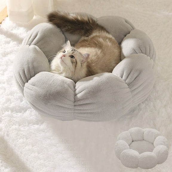 Petal Shape Calming Pet Bed Faux Fur Cushion with Raised Edge for Small Medium Dogs Cats Size 15.75x15.75x3.93 Inches (Gray)