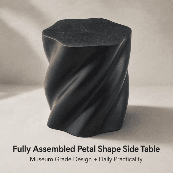 Petal Shape Side Table – Black Fiberglass Sculptural Accent Table, 19.69 High, Root-Textured Twisted Base, Stain & Heat Resistant, 300LBS Load Capacity, Modern Minimalist Art Deco for Living Room