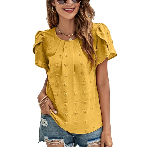 Petal Sleeve Jacquard Blouse Short Sleeved Round Neck Plain Color Petal Sleeve Blouse Top