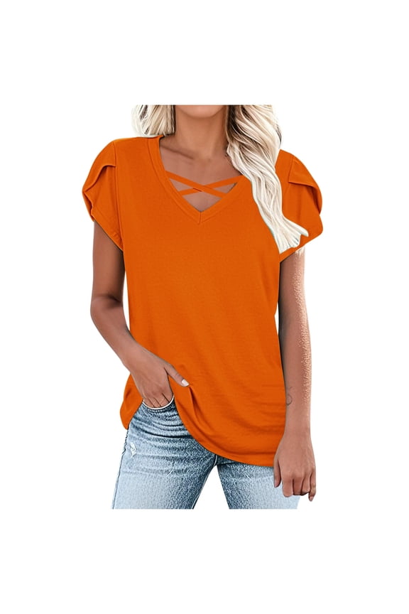 Petal Sleeve T-Shirts for Women Summer Dressy Casual Crossover Strappy Loose Tops Fashion V-Neck Blouse,Orange,XL