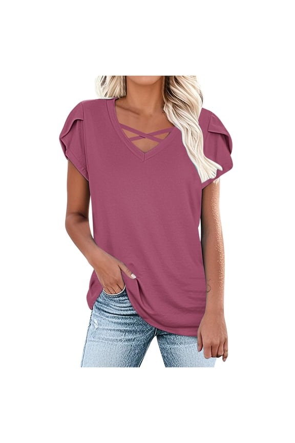 Petal Sleeve T-Shirts for Women Summer Dressy Casual Crossover Strappy Loose Tops Fashion V-Neck Blouse,Red,S