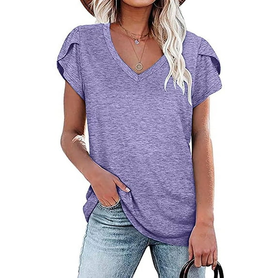 Petal Sleeve Tops V Neck Short Sleeve Shirts Tops for Women Summer Casual Loose Solid Color Basic Tunic Tshirt Tee