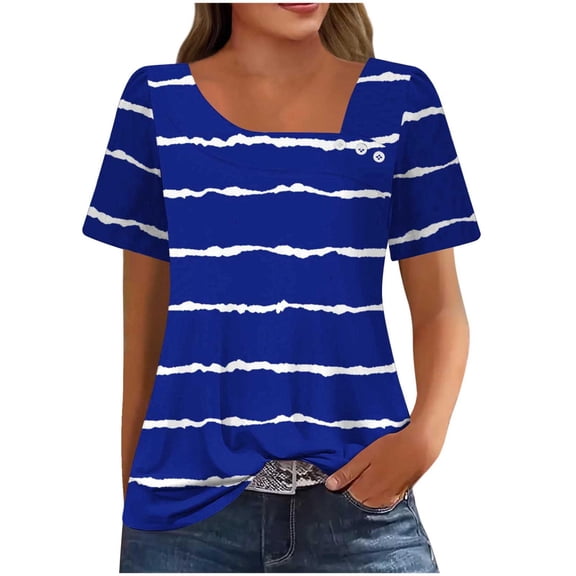 Petal Sleeve Tops for Summer Trendy Plus Size T-Shirts Printed Casual Loose Square Neck Button Blouse Tees S-3X (2XL, Blue Striped)
