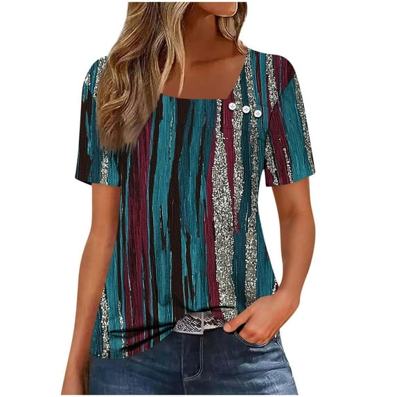 Petal Sleeve Tops for Summer Trendy Plus Size T-Shirts Printed Casual Loose Square Neck Button Blouse Tees S-3X (3XL, Navy Striped)