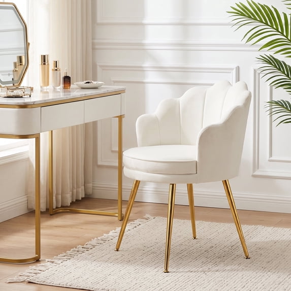 Petal Velvet Vanity Chair, Flower-Shaped Barrel Accent Chair with Gold Metal Legs, Small Office Chair for Bedroom, Living Room, Beige