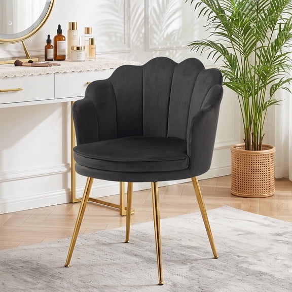 Petal Velvet Vanity Chair, Flower-Shaped Barrel Accent Chair with Gold Metal Legs, Small Office Chair for Bedroom, Living Room, Black
