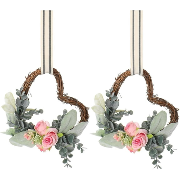 Petalfy Mini Heart Wreaths for Kitchen Cabinets - 6 Inch Grapevine Wreath with Rose and Eucalyptus, Rustic Cabinet Heart Decor for Valentines Spring Summer Indoor Outdoor